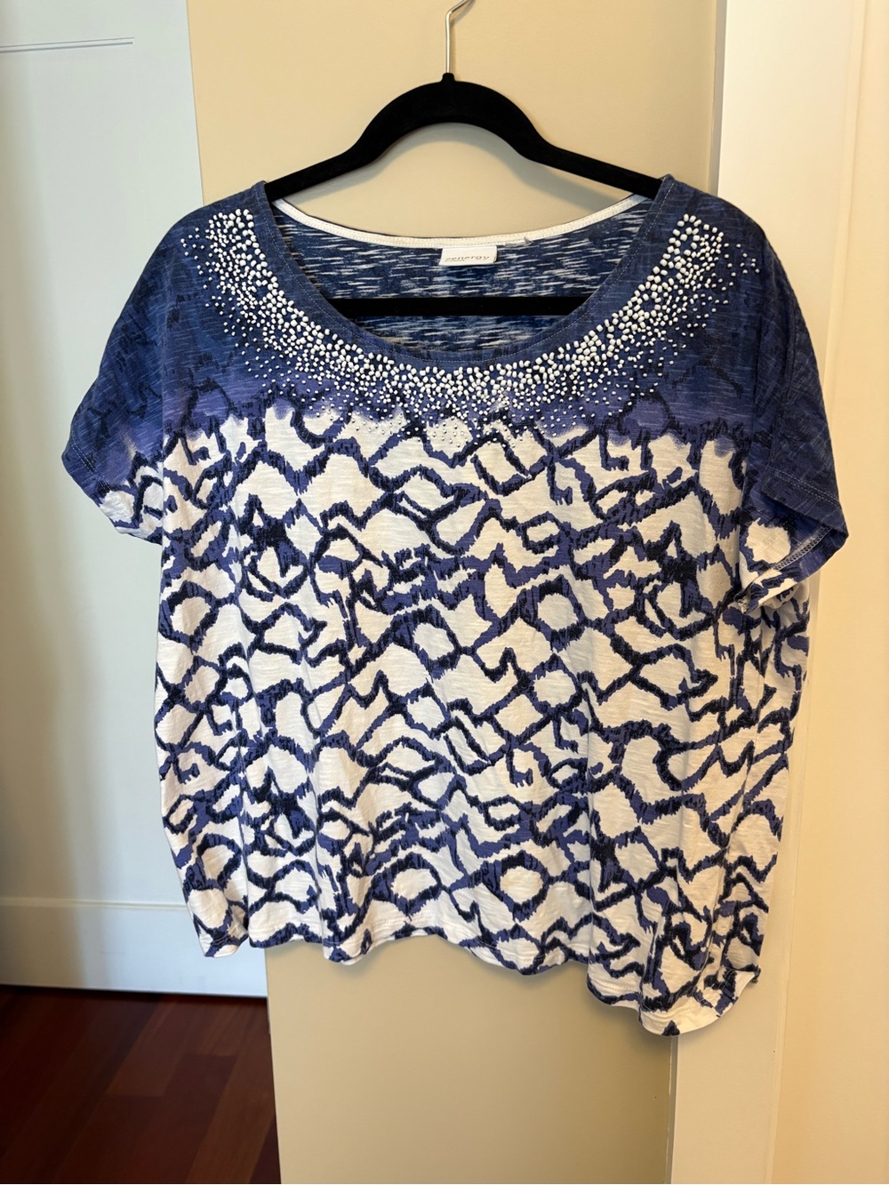 Chico's Blue & White Short Sleeve Beaded Neck Top